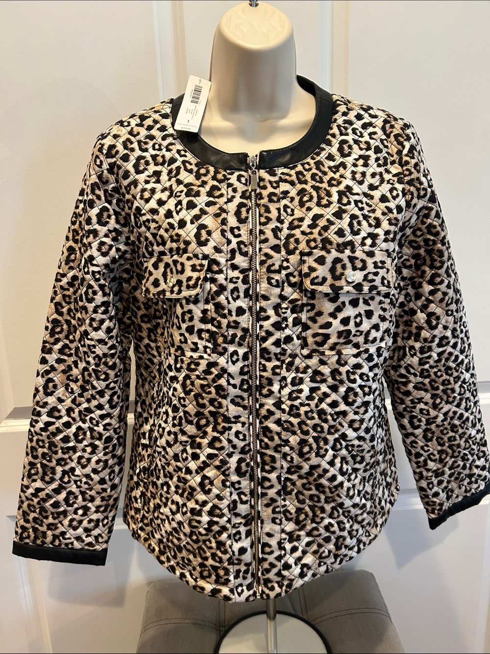 Chico’s Leopard Print Quilted Jacket - Black & Cream size 1 NWT